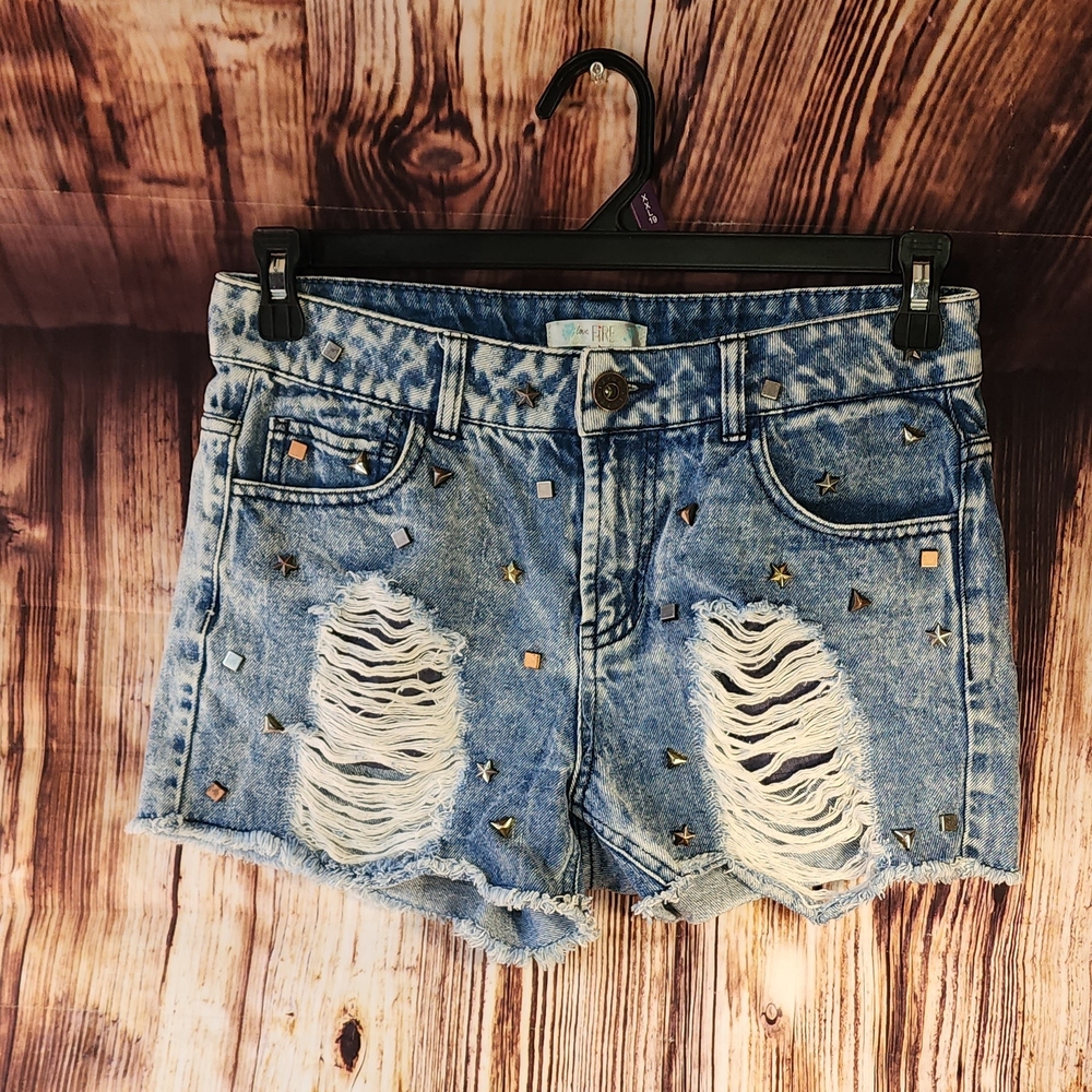 Denim Distressed Studded Shorts